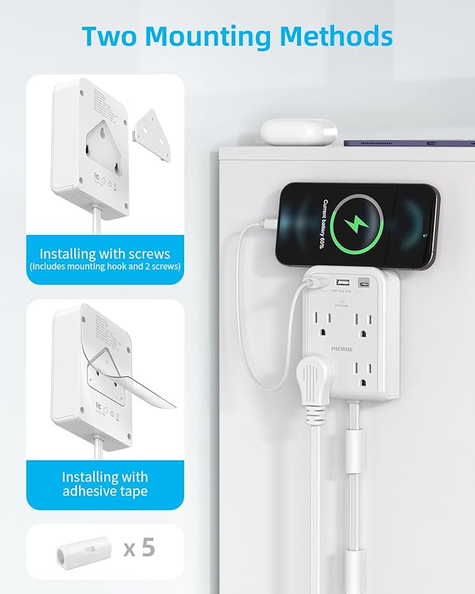Short Power Strip 3FT - Outlet Extender Stick with 4AC Outlet and 3 USB Ports(1 Type C), Flat Wall Extension Cord with Multiple Outlets Small Surge Protector for Home Office Dorm, White