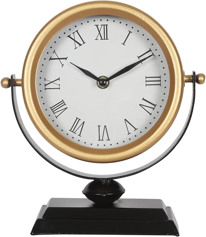 Vintage Analog Table Clock Battery Operated Silent Gold | Vintage Decor, Living Room Bedroom Office Shelf, Farmhouse Mantel Fireplace, Non-Ticking Silent, Small, Gold Desk Retro Style