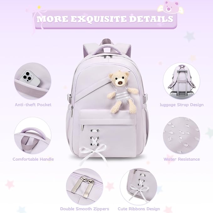 ACESAK School Backpack for Girls - 3 PCS Cute Girls Backpack with Lunch Box & Pencil Case - Kawaii Casual Kids Bookbag School Bag Daypacks Set for Elementary Middle High School Student Teens (Purple)