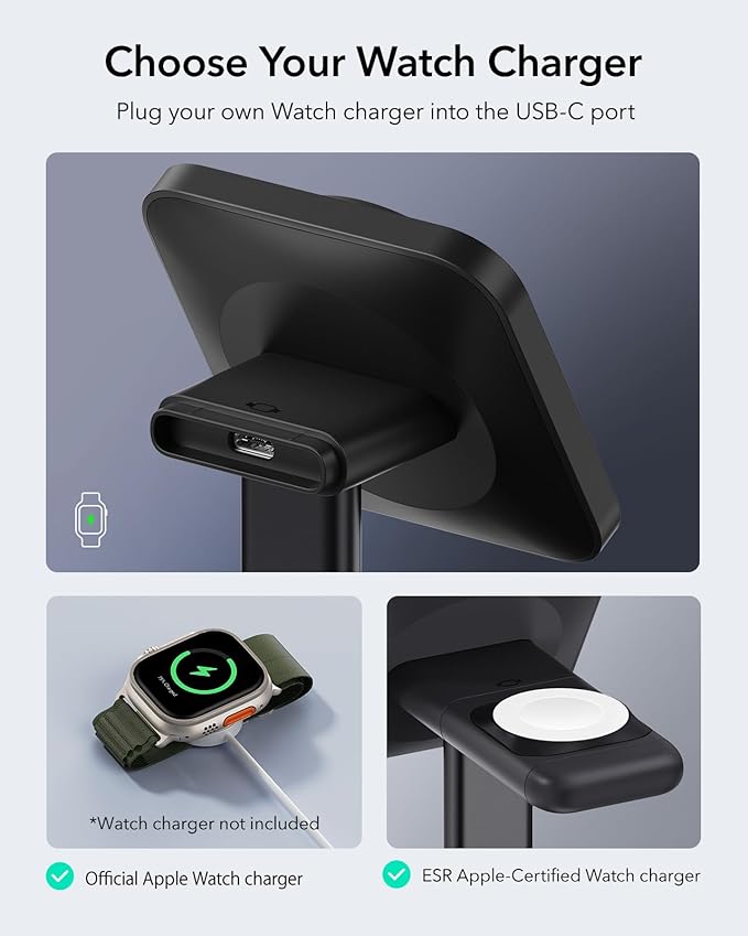 ESR 2 in 1 Charging Station for Apple, MagSafe Charger Stand for iPhone [Certified], Magsafe Charging Station for Multiple Devices iPhone 17e/17/16/15/14/13/12, Apple Watch, & AirPods, Black