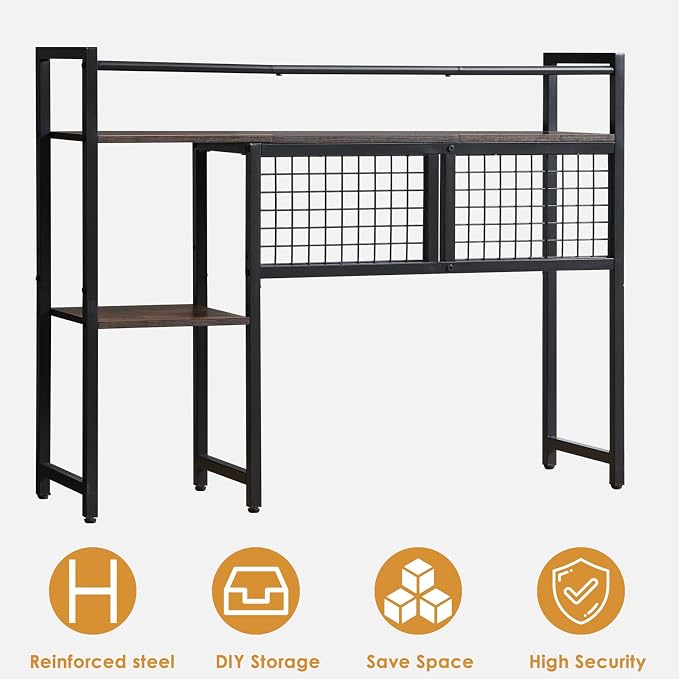 4-Tier Desk Hutch Shelf with Grid Panel, 39” Desktop Bookshelf for Monitor, Office & Home (Rustic Brown, 39")