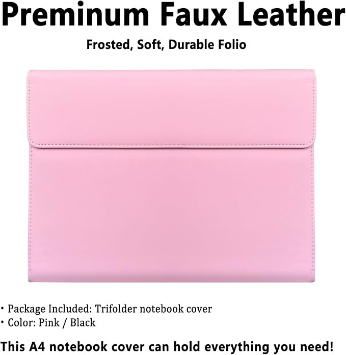 Triple Portfolio Folder Notebook Cover for 8.5 x 11 Daily Planner, Soft Leather Padfolio A4 Business Binder Legal Writing Pad Document Organizer for Present Gift Kid Men Women Pink