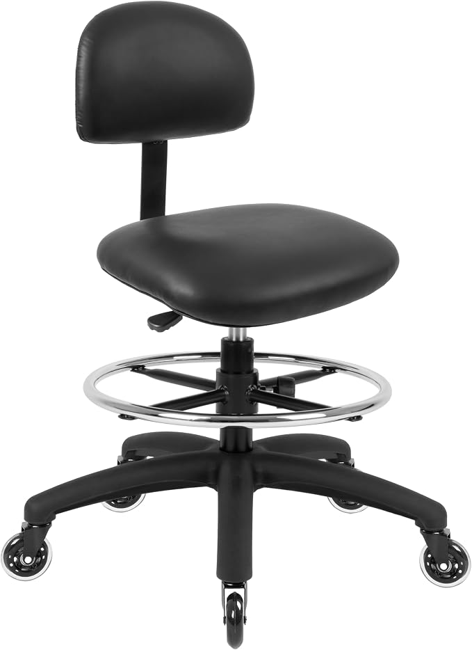 FSS Series Square seat (20"-28") seat Height Chair. Vinyl-for Office, Garage, Desk, Shop, Computer, Doctor, Medical, Easy to Clean! 18" Footring (Black, Mid Stool, Rubber Roller Casters)