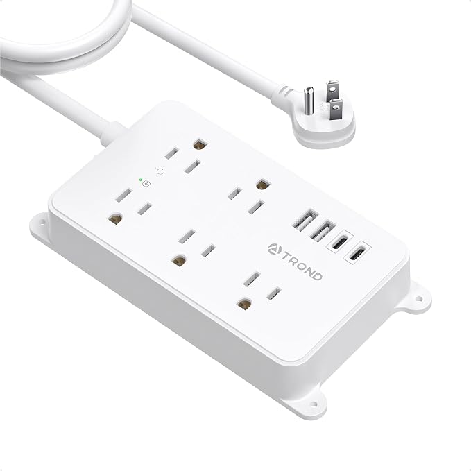 TROND Power Strip with USB, 10ft Extension Cord Surge Protector, 5 Widely Spaced Outlets with 4 USB Ports, ETL Listed, 1300J, Low-Profile Flat Plug, Wall Mountable, White