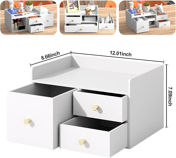 Bamboo Desk Organizer with Drawers,Wooden Desktop Storage (3 Drawer,White) | 100% Bamboo 3 Pull-Out Drawers No Assembly Required Space-Saving Design