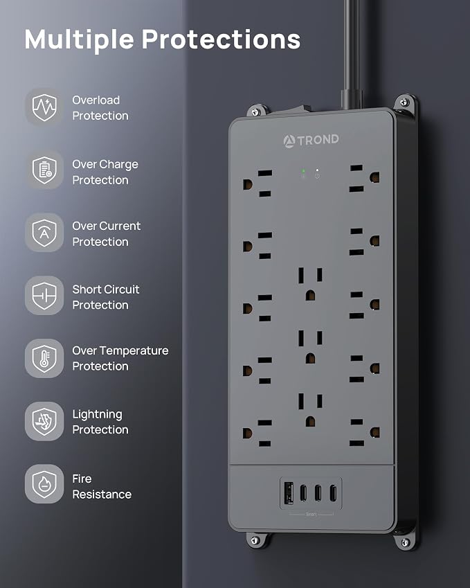 TROND Surge Protector Power Strip, 4000 Joules, ETL Listed, 13 Widely-Spaced Outlets Expansion with USB C Ports, Low-Profile Flat Plug, Wall Mountable, 5ft Extension Cord, 14AWG Heavy Duty, Black