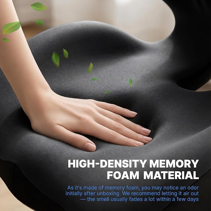 Non-Slip Ergonomic Seat Cushion for Office Chair, High-Density Memory Foam Desk Chair Cushions with Lumbar Support & Tailbone Pain Relief, Breathable Two-Tone Butt Pillow for Car, Gaming Chair - Black