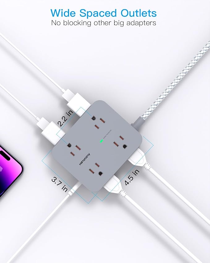 Power Strip with USB C Ports(2 USB C), HANYCONY 8 Outlets Surge Protector with 5 Ft Extension Cord, Flat Plug Wall Mount, Desk Charging Station for Home Office, ETL Listed Gray