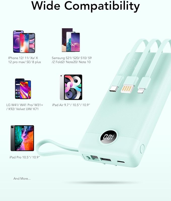 VRURC Portable Charger 20000mAh, Built-in Cables Fast Charging Power Bank, PD QC 3.0 Travel Essentials Battery Pack, 4 Output & 2 Input Phone Charger for iPhone, Samsung, Android