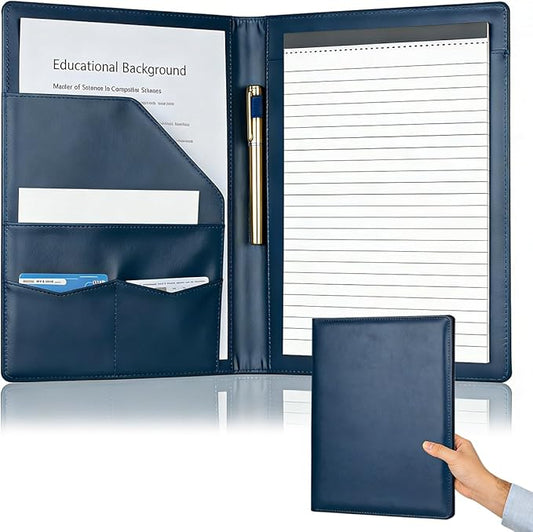 Padfolio Portfolio Binder, Faux Leather Folder, Resume Interview Legal Document Organizer, Letter Sized Writing Pad w/Business Card Holder, A4 Professional Folio for Office Conference (Blue)