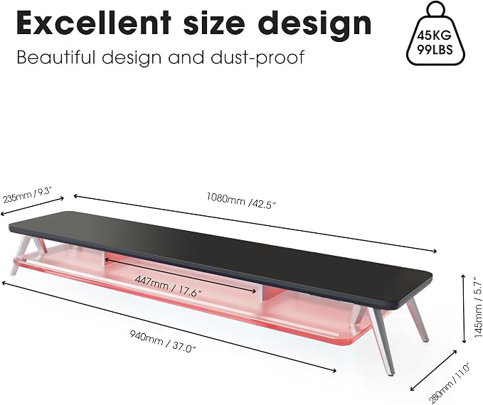 Fenge Dual Monitor Stand with 8-Mode LED Lights and Frosted Shelf, Black | Sturdy Aluminum Legs, Built-In Phone & Tablet Slot, 2-Tier Storage, 42.5-Inch Desk Shelf for Gaming, Home Office & Streaming