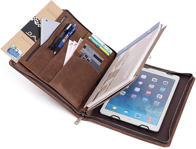 Crazy Horse Leather Portfolio Binder with 3-Zipper, Executive Padfolio Business Organizer & Resume Portfolio with iPad Holder, Legal Pad Portfolio for Men, Meetings, Interviews & Business Travel