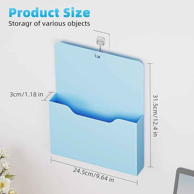 Marbrasse 2 Pack Magnetic File Holder - Paper Holder, Pocket Organizer,Hanging Wall File Organizer Office Supplies Storage, Magazine Mail Organizer Case for Notebooks,Planners,Letter (Blue)