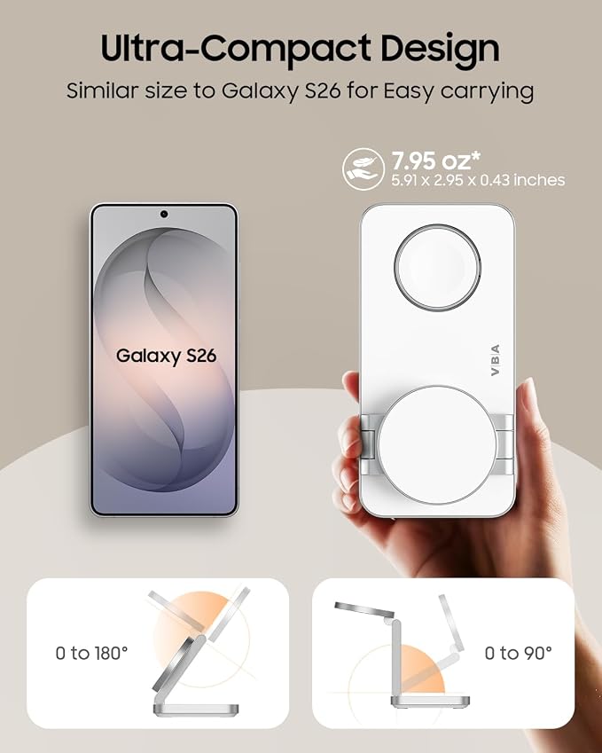 3 in 1 Foldable Magnetic Wireless Charging Station for Samsung, Wireless Charger Stand for Galaxy S26 Ultra S25/S24 /Note 20/Flip 7/Fold 7, for Galaxy Watch Ultra/8/7/6,Galaxy Buds 3/3 Pro