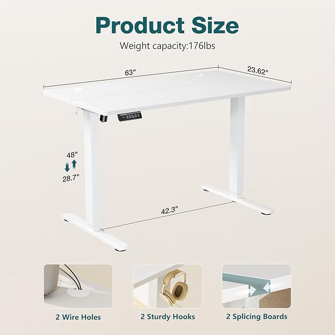 Sweetcrispy Electric Standing Desk Adjustable Height, 63x24 Inch Sit Stand Up Home Office Desks Memory Computer Workstation PC Work Table with Preset Splice Wood Board Metal Frame, White