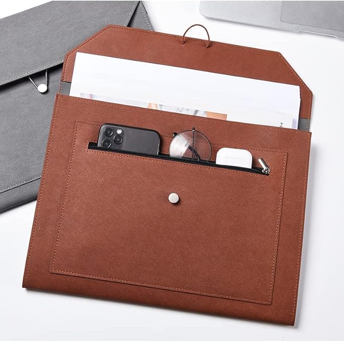 PU Leather A4 File Folder Document Holder 2 Pockets Portfolio Envelope Folder Case with Elastic String 3/4 Inch Expansion (Brown)
