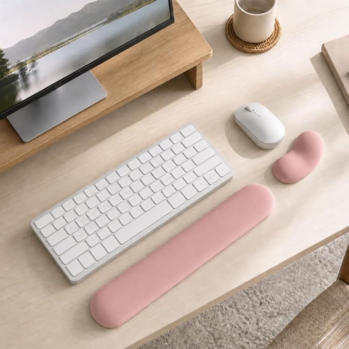 Ergonomic Wrist Rest Set for Keyboard and Mouse | Cooling Gel & Slow-Rebound Memory Foam Palm Support Pad | Luxe Leather, Minimalist, Non-Slip PU Base for Office, Laptop & Gaming (01Pink)