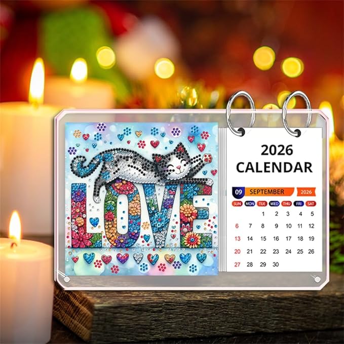 2026 Standing Desk Calendar DIY Diamond Art Painting Monthly Flip Desktop Calendar Mosaic Kits Acrylic Tabletop Calendars Diamond Art Craft Supplies Planner for Office Home Decor-Love