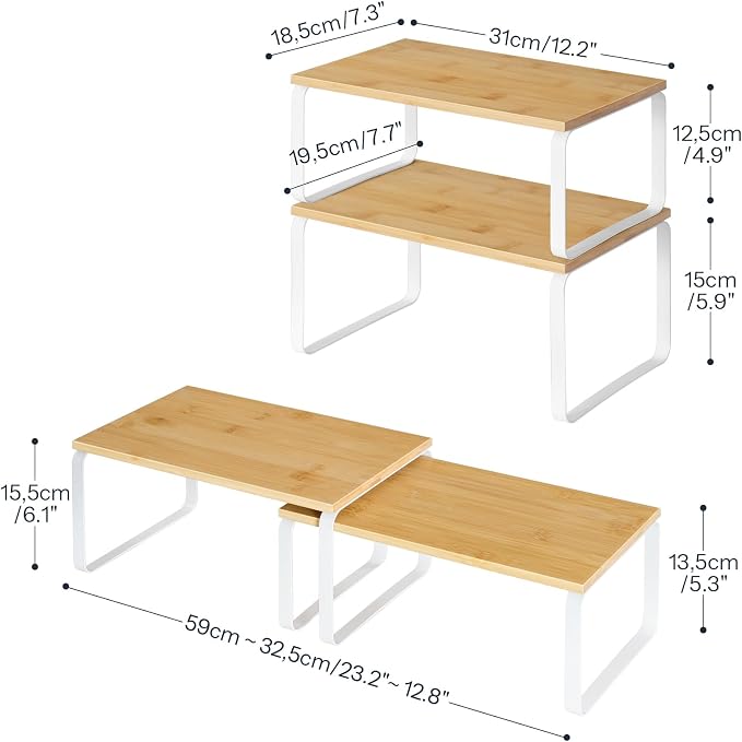 HOOBRO Cabinet Organizer Shelf, Set of 4 Kitchen Counter Shelves, Expandable Kitchen Storage, Stackable Bamboo Spice Rack, for Kitchen, Countertop, Office Desk, Bathroom, Natural and White YW30TLP201