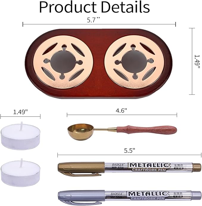 SWANGSA Double Wax Seal Warmer Kit, Wax Seal Furnace Tool with 2 Wax Seal Pens + 2 Wax Seal Spoons and 2 Candles for Sealing Wax Stamp Wedding Invitation Envelope Sealing (Double)