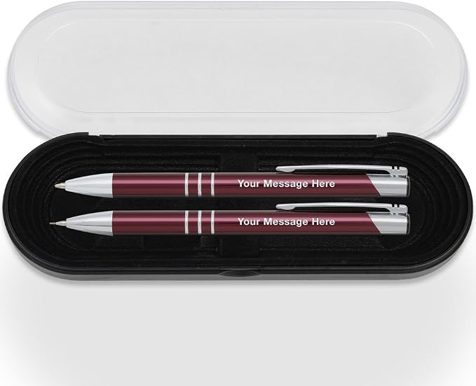 2 Personalized Engraved Classic Metal Ballpoint Pen & Mechanical Pencil Gift Set. Includes Case - Cranberry Red Color with Silver Accents. Black Ink.