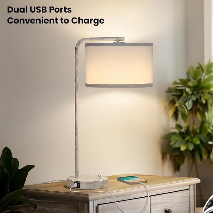 Seaside village Bedside Table Lamp with USB C+A Charging Ports, Fully Stepless Dimmable Modern Farmhouse Nightstand Lamp, Tall Reading Desk Lamp for Bedroom, Living Room, Office, 9W LED Bulb Included
