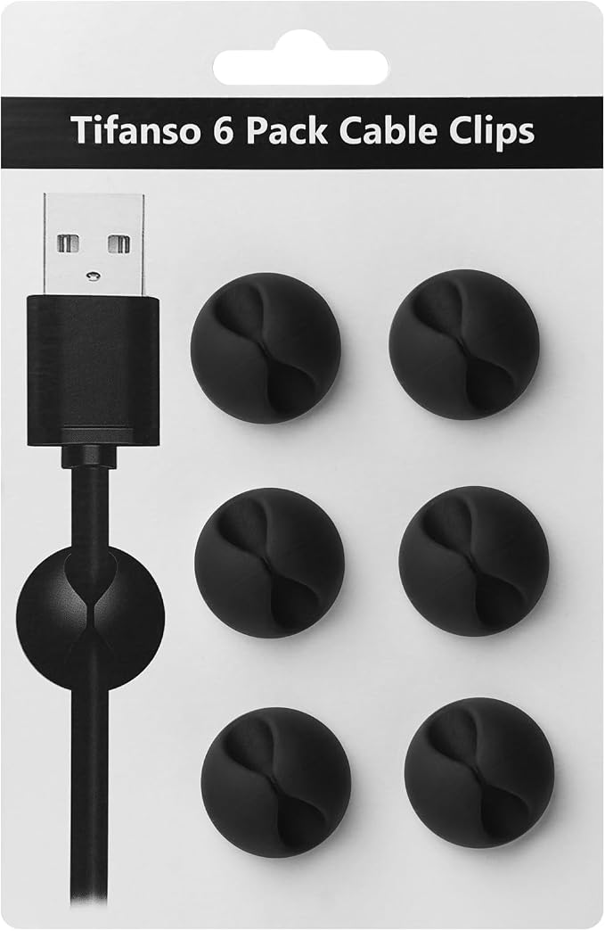 tifanso 6PCS Black Adhesive Cable Clips for Home Office Wire Management | Self-Adhesive, No Drill Easy Install, Ideal for Desk Nightstand & More, Secure Cord Holders, Keep Wires Neat & Organized