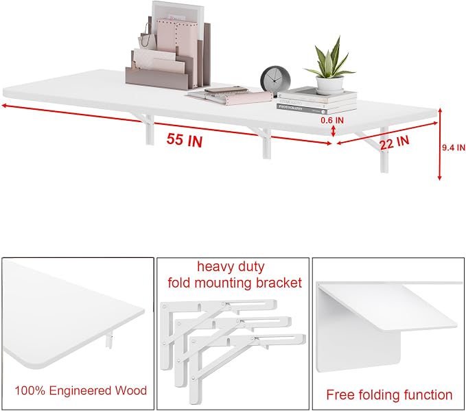 IAE 55" x 22" Floating Foldable Desk,Wall-Mounted Folding Computer Table with Engineered Wood,Study Table with Shelf Brackets,Fold Down Shelf,Fold Computer Desk for Small Spaces,Holds 500 lb,White
