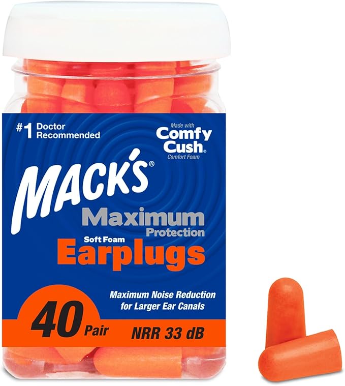 Mack’s Maximum Protection Soft Foam Earplugs – 40 Pair, 33 dB Highest NRR – Comfortable Ear Plugs for Sleeping, Snoring, Loud Concerts, Motorcycles and Power Tools | Made in USA