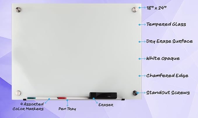 Real Glass Dry Erase Board, 18" x 24", Tempered Glass Surface, Frameless Wall Mount, with 4 Assorted Color Markers and Eraser, by Better Office Products (Bright White)