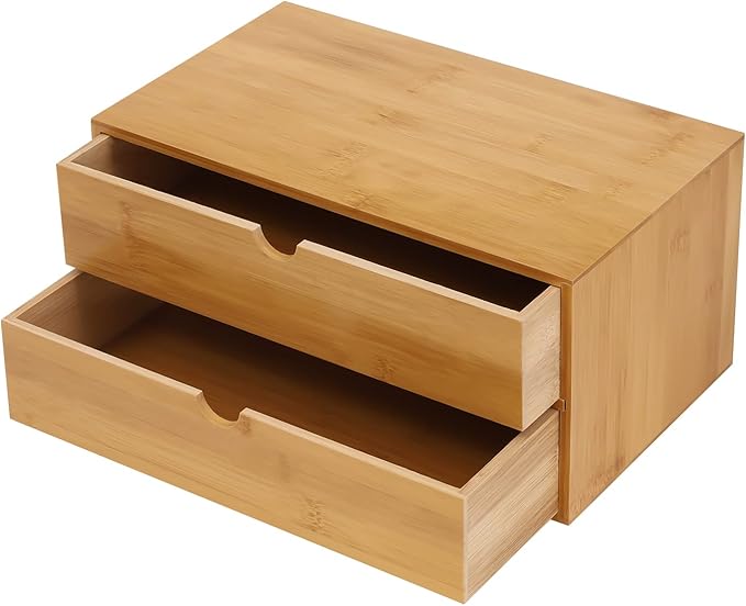 Bamboo Desk Organizer with 2 Drawers, Natural Wood Tabletop Storage Box | No-Assembly Countertop Drawer for Office Home Makeup Jewelry Stationery