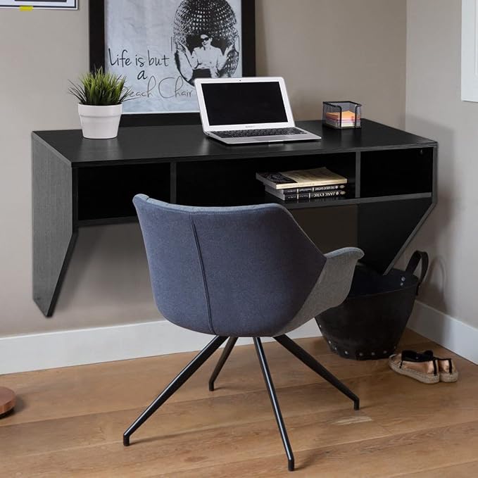 Giantex Wall Mounted Desk Floating Computer Desk, Writing Study Table W/3 Storage Shelves, Laptop PC Table for Living Room, Bedroom, Office (Black)