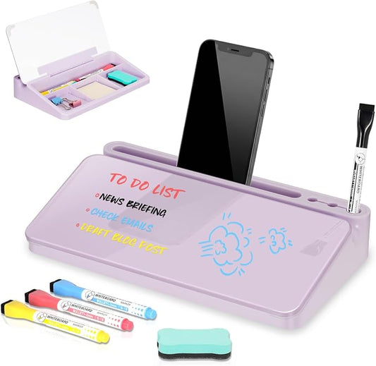 DOLLAR BOSS 12''x7'' Glass Desktop Whiteboard Small Dry Erase Board with Storage Drawer Computer Keyboard Stand Desk Organizer Office Accessories School Supplies with 4 Markers, Purple