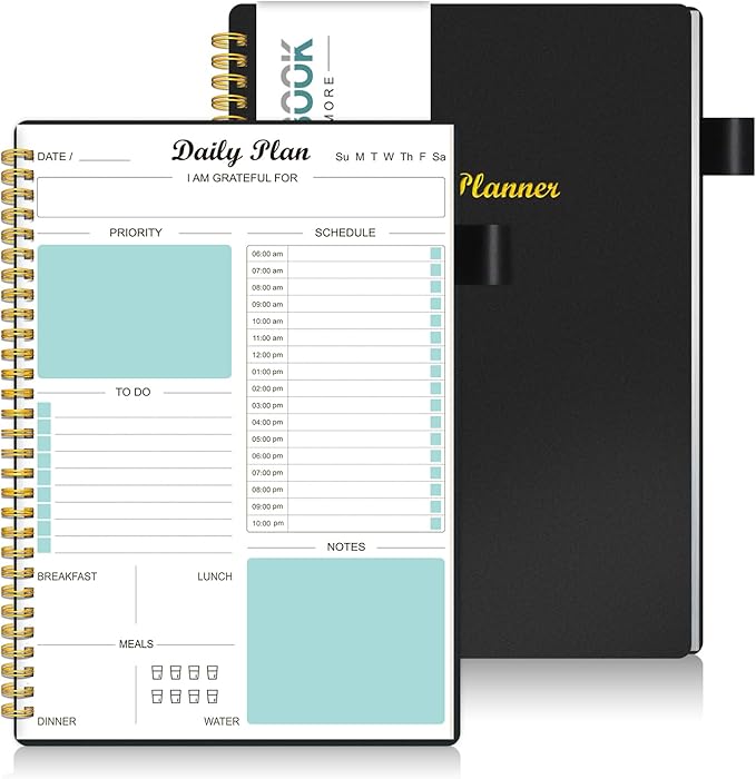Daily Planner Undated, To Do List Notebook with Hourly Schedule Calendars Meal, Spiral Appointment Organizers Notebook for Man/Women, Pocket, Pen Loop, 160 Pages (5.5x8.5")