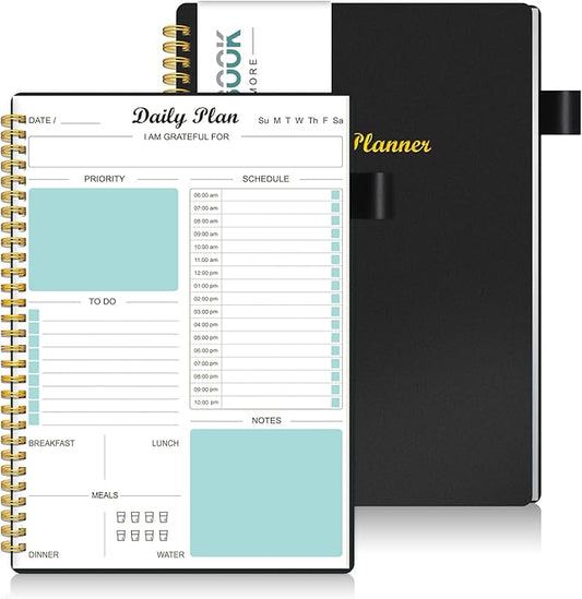 Daily Planner Undated, To Do List Notebook with Hourly Schedule Calendars Meal, Spiral Appointment Organizers Notebook for Man/Women, Pocket, Pen Loop, 160 Pages (5.5x8.5")