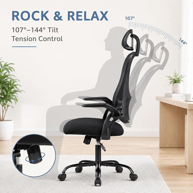 Black Ergonomic Office Chair, High Back Mesh Desk Chair with Adjustable Headrest Lumbar Support, Computer Chairs with Flip-up Armrests and Thickened Cushion for Adults Home Office, 360° Swivel