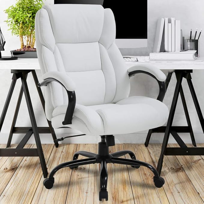 Big & Tall Office Chair Heavy Duty 50 Pound Computer Desk Chair, Ergonomic High Back Task Roller Swivel Chair with Lumbar Rest PU Leather Classic Executive Chair for Men Women White-10set