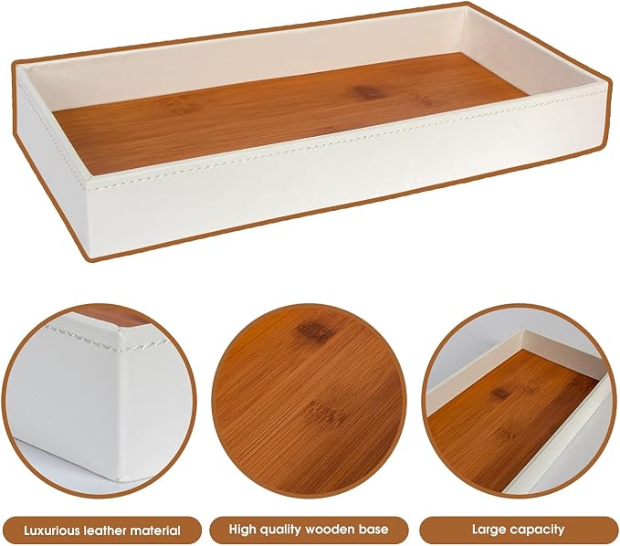 J JACKCUBE DESIGN Leather Bamboo Vanity Tray, Bathroom Organizer, Catch All Valet Tray for Women Perfume, Jewelry, Makeup, Candles, Key, Phone, Sunglasses (White)- MK205B