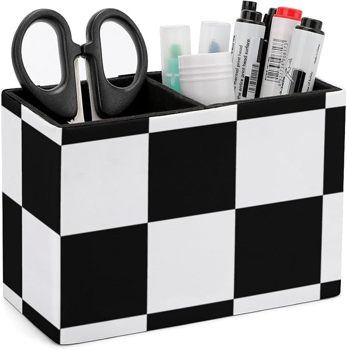 Chess Pattern Black And White Checkered PU Leather Pen Holder Desk Organizer, 2-Compartment Pencil Container for Office, Home, Vanity Use