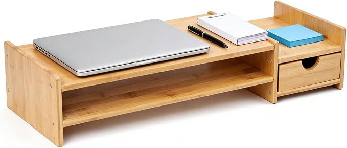 Bamboo 2-Tier Monitor Stand Riser with Drawers, Desktop Organizer for Laptop, Computer, Printer, Cellphone - Reduce Neck & Eye Strain, Office & Home Use