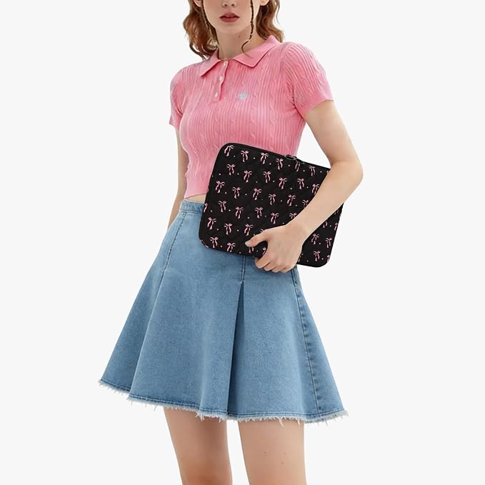 Cute Bow Puffy Laptop Sleeve 13-15 Inch Cute Quilted Laptop Protective Case Padded Bow Computer Sleeve for MacBook