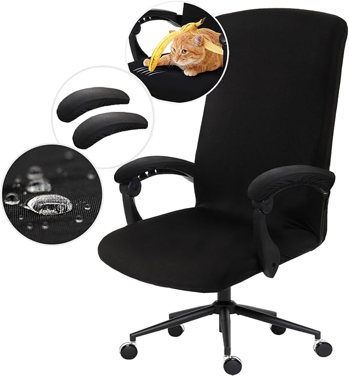 Waterproof Stretch Computer Office Chair Cover with Armrest Covers Durable Zipper Universal Washable Removable Spandex Rotating Boss Chair Slipcovers Anti-dust Soft Desk Chair Seat Protector