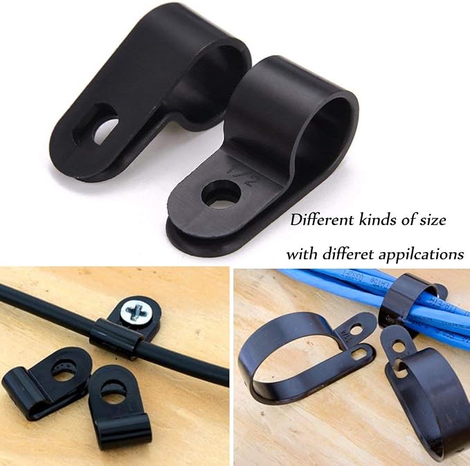 Orgrimmar 200 Pcs Black Nylon Plastic R-Type Cable Clamps for Cable Conduit | 3/16" 1/4" 3/8" 1/2" 3/4" 1" Clips Fasteners Assortment Clamps