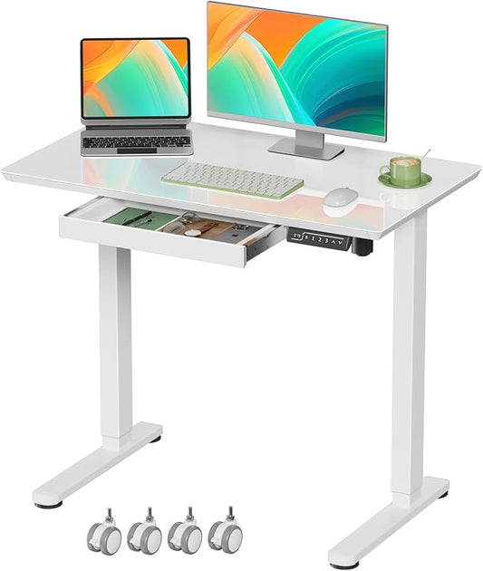 Gibbon Mounts 35” White Glass Standing Desk Height Adjustable with Drawer | Electric One-Piece Rising Whiteboard Table on Lockable Wheels, Mobile Small Rolling Laptop Cart for Work, Drawing, Crafting