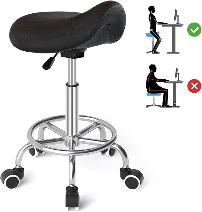 YEEZEE Saddle Stool Ergonomic, Saddle Chair with Wheels, Dark Black | Comfortable Wide Thick Saddle Seat Padding, 360°Swivel, Adjustable Height, Ring Pedal Design, for Medical Massage Salon Spa