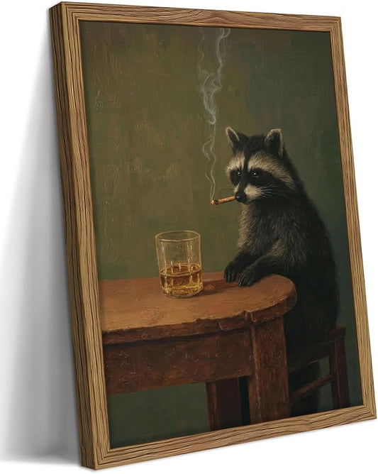 Framed Vintage Raccoon Wall Art, Moody Raccoon Canvas Prints, Funny Dark Academia Animal Poster, Classic Oil Painting Style Artwork, Whimsical Wall Decor for Living Room Bedroom Office 8x10in
