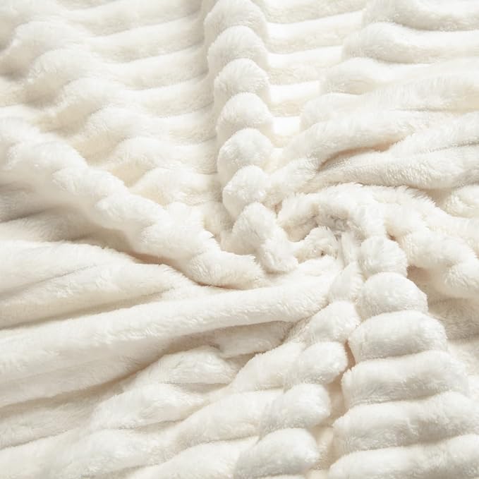 Vessia Flannel Fleece Throw Blanket for Couch, Sofa, Bed, 300GSM Microfiber Cream Striped Chair Blanket, Super Soft Warm Cozy Lightweight Ribbed Throw for All-Season