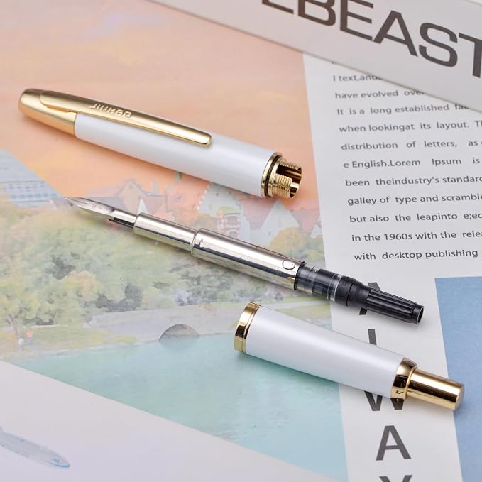 Jinhao 10 Press Fountain Pen with Box, Pearl White Retractable Fine Nib with Converter Set (Golden Clip)