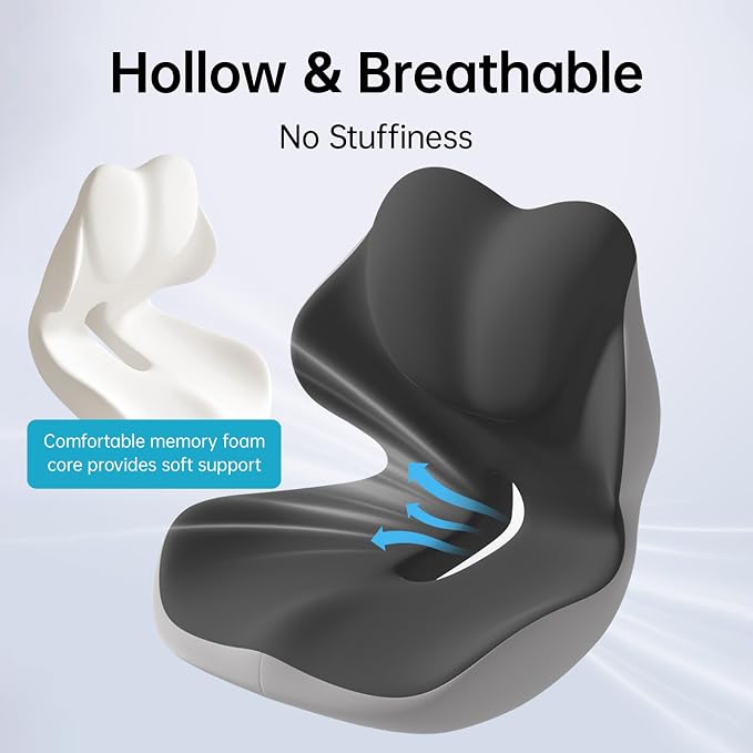 L-Shaped Seat Cushion, Memory Foam Chair Cushion with Raised Lumbar Support, Tailbone Cutout, Non-Slip Washable Cover for Office Chair, Car, Wheelchair, Gaming Chair