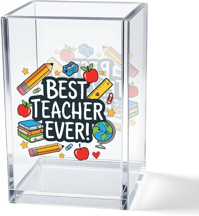 Best Teacher Ever Acrylic Pencil Holder for Desk, Teacher Appreciation Gifts for Women Men, End of School Year & Back to School Gifts, Colorful Teacher Desk Organizer Decor for Office Classroom